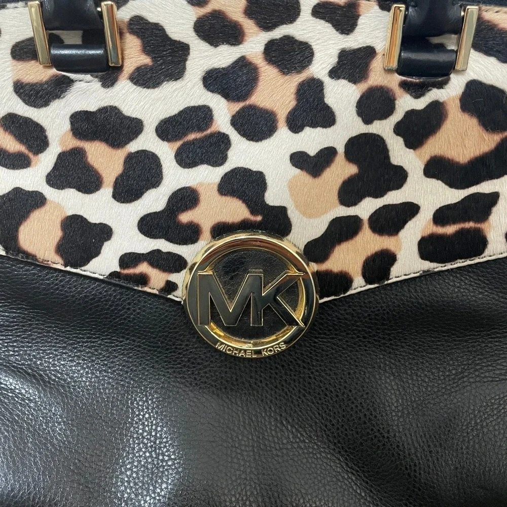 Michael Kors Black‎ Leopard Trim Satchel Handbag Gold MK Logo